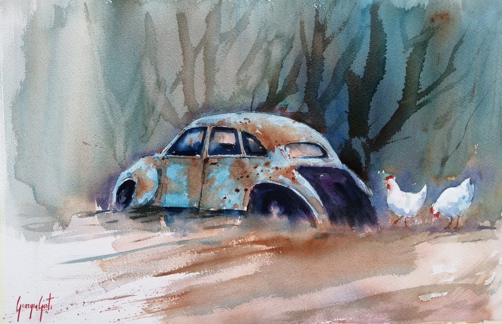 Carro rústico e galinhas de Giorgio Gosti