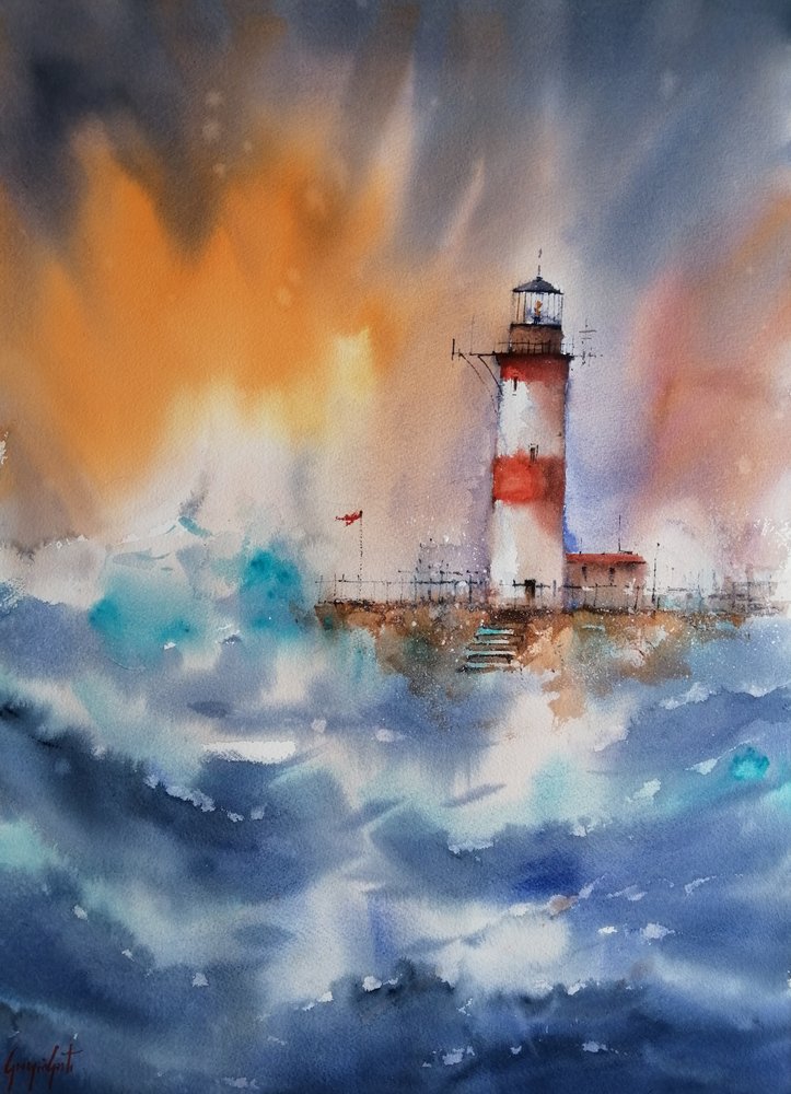Paisagem marítima com farol em meio à tempestade de Giorgio Gosti
