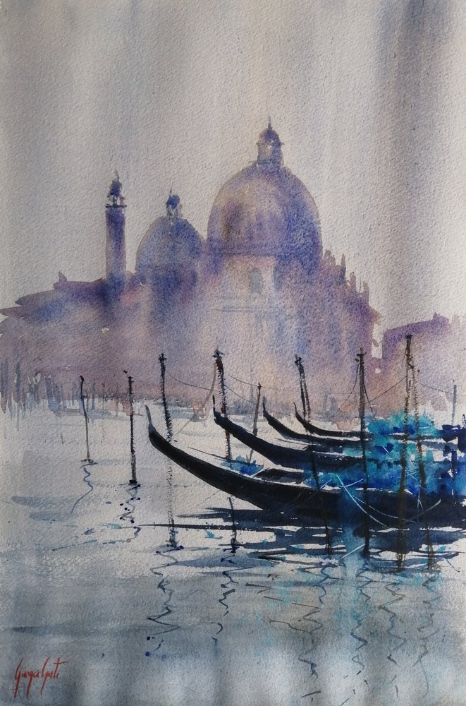 Gôndolas de Veneza numa manhã enevoada de Giorgio Gosti