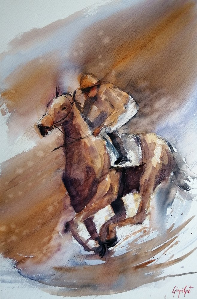 Corrida de cavalos em aguarela de Giorgio Gosti