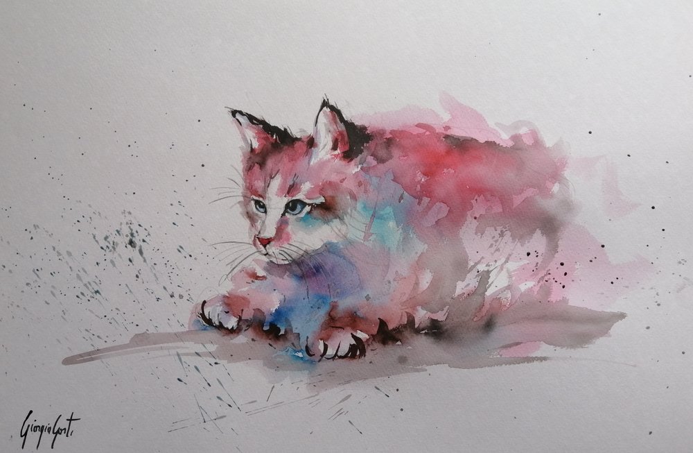 Gatinho a salpicar em aguarela de Giorgio Gosti