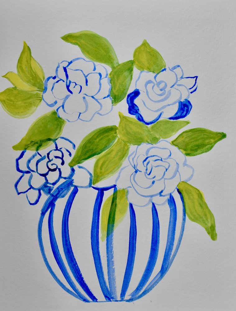 Flores num vaso às riscas azuis de Iria Fernandez
