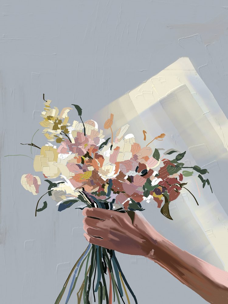 Mão a segurar flores em tons pastel de Jenna Alheit