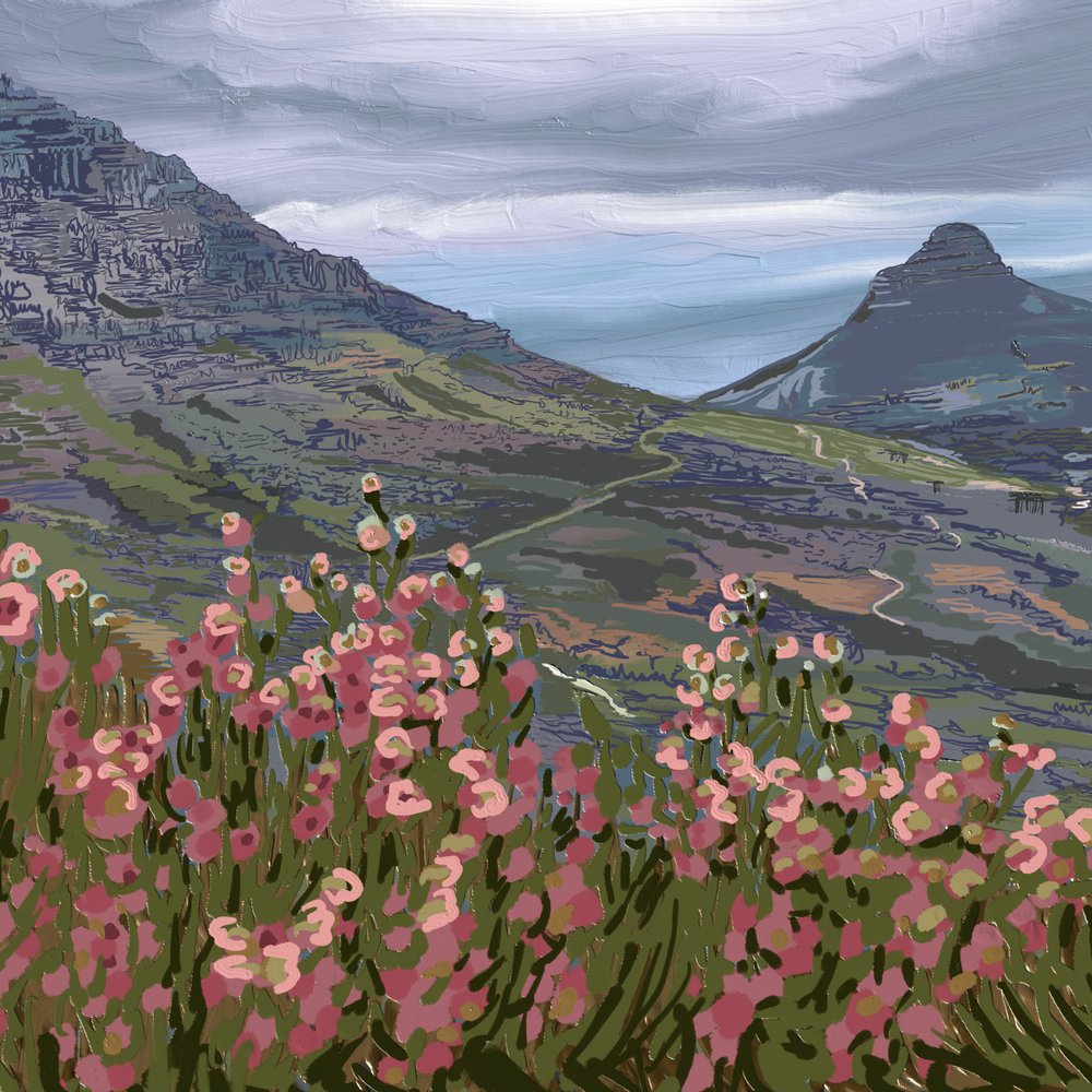 Vista da montanha com flores cor-de-rosa de Jenna Alheit