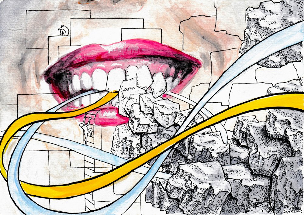 Dentes. Pedras e Cordas. Pintura em aguarela e tinta. de Johan Liewendahl