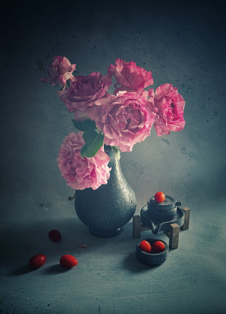 Rosas e tomates do jardim de Judy Tseng