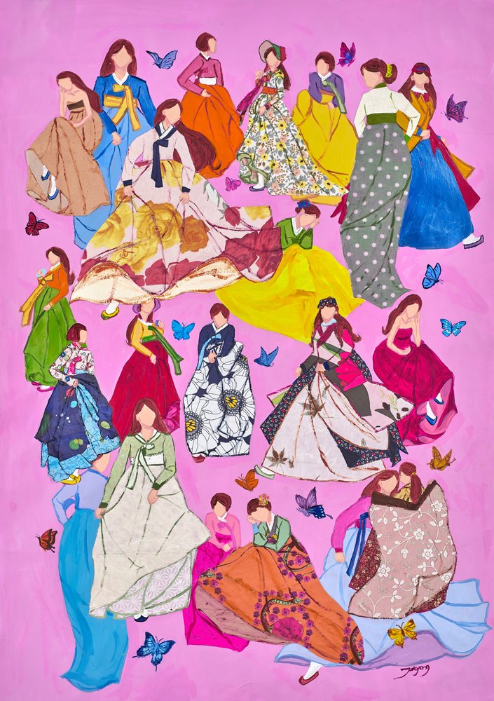 Mulheres com hanbok coloridos de Jukyong Park