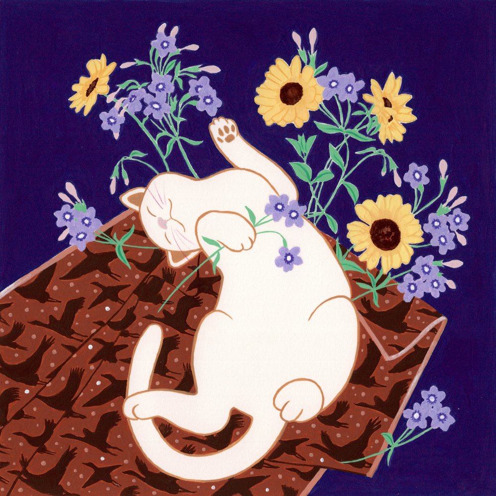 Gato brincalhão e girassóis de Julie Lesouef