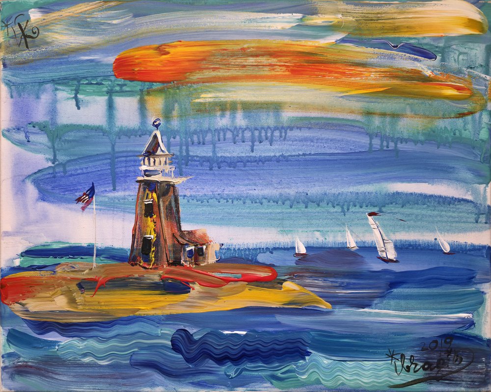 Paisagem marítima com um farol colorido de Kanat Ibragimov