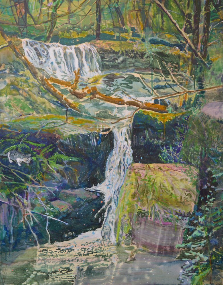 Cascata na floresta com um gato de Karin Bos