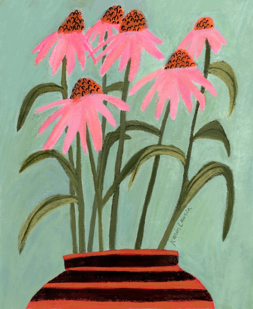 Echináceas cor-de-rosa num vaso de Karin Lauria