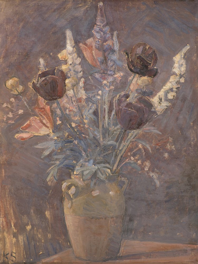 Vaso de barro com tulipas e outras flores, de Karl Schou de Karl Schou