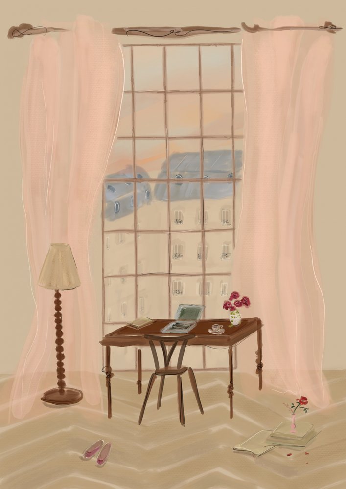 Ilustração de uma vista de janela em Paris com uma secretária rústica de Katharina Puritscher