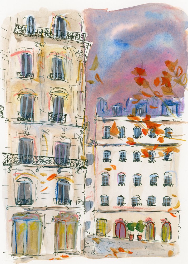 Esquina numa rua de Paris com um céu roxo de Katharina Puritscher