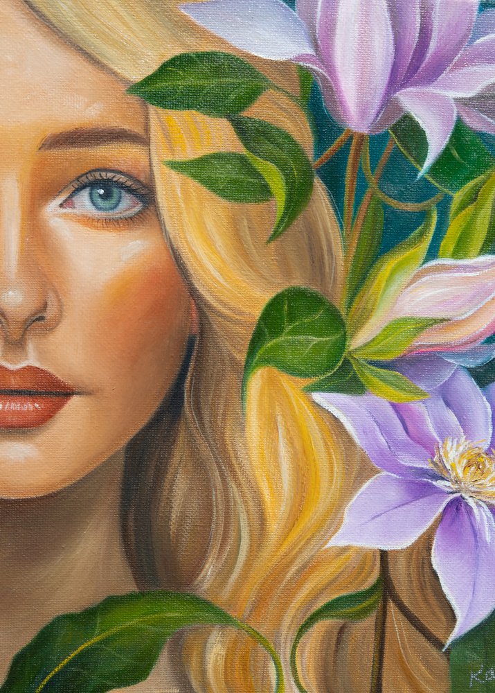 Retrato de uma loira com motivos florais de Kay Shanley