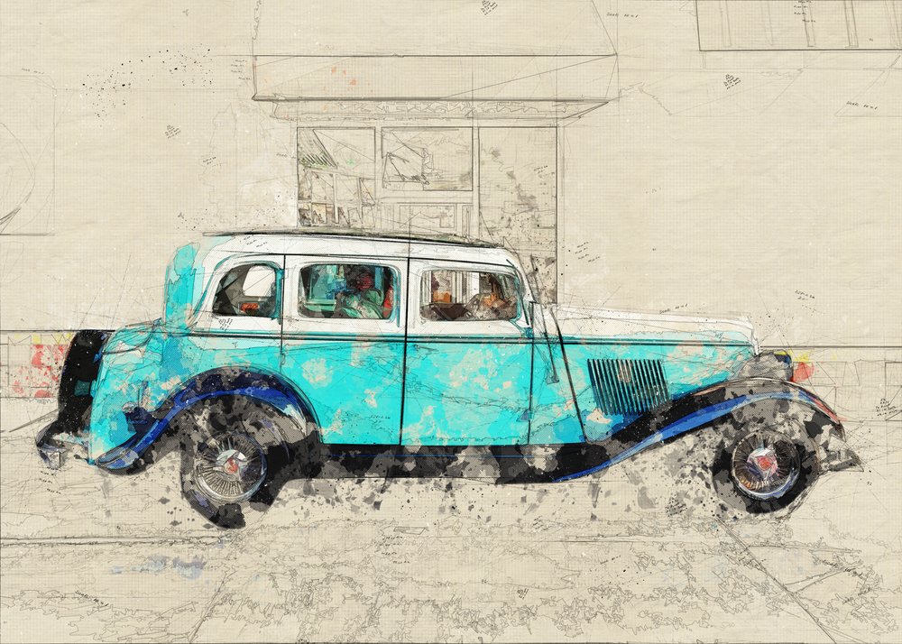 Esboço de um carro azul clássico de Lembayung senja studio [Vintage Poster]