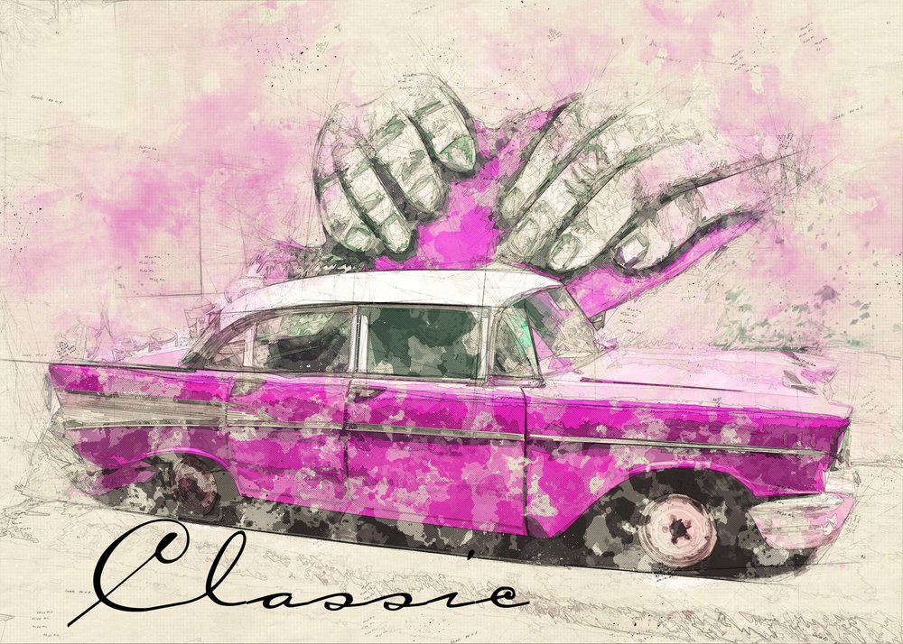O carro dos sonhos rosa clássico de Lembayung senja studio [Vintage Poster]
