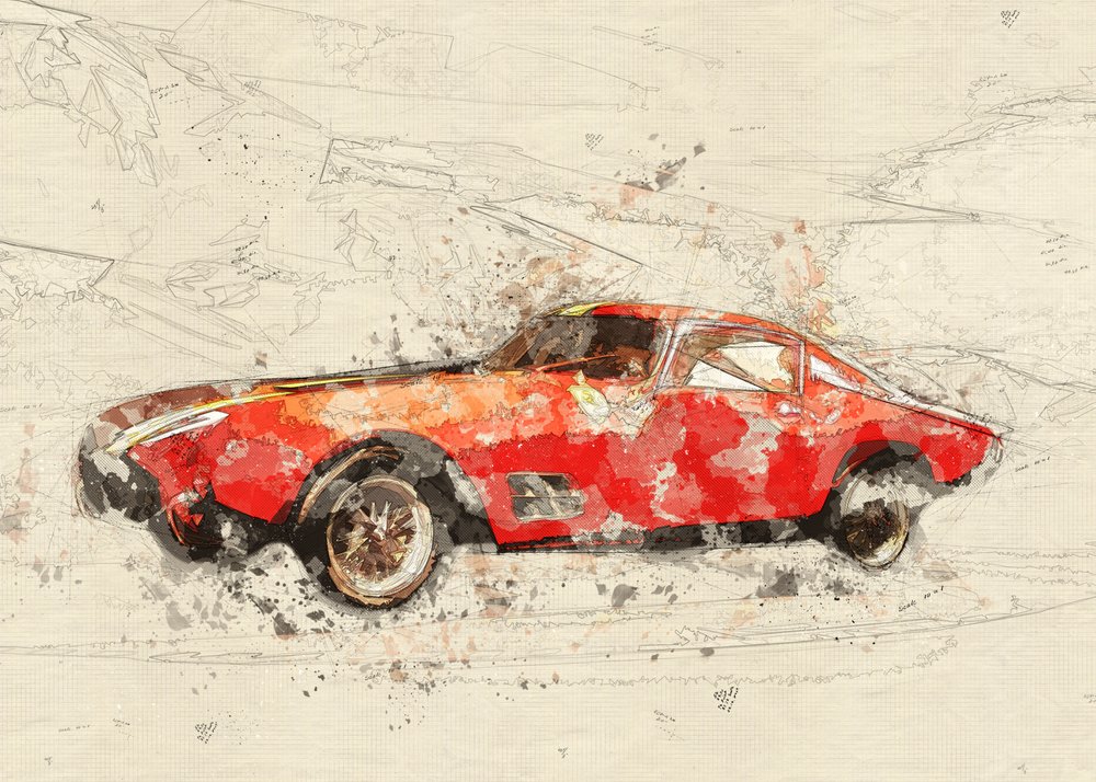 Esboço de um carro vermelho clássico de Lembayung senja studio [Vintage Poster]