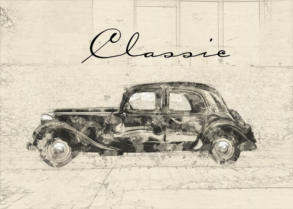 Desenho de um carro clássico vintage de Lembayung senja studio [Vintage Poster]