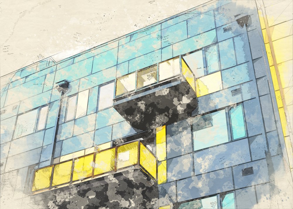 Esboço de um edifício moderno de Lembayung senja studio [Vintage Poster]