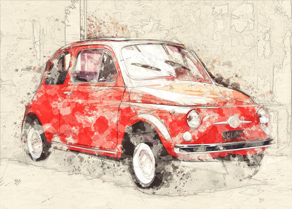 Esboço de um carro clássico vermelho de Lembayung senja studio [Vintage Poster]