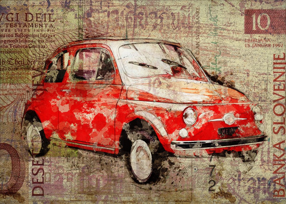 Fiat 500 vintage vermelho de Lembayung senja studio [Vintage Poster]