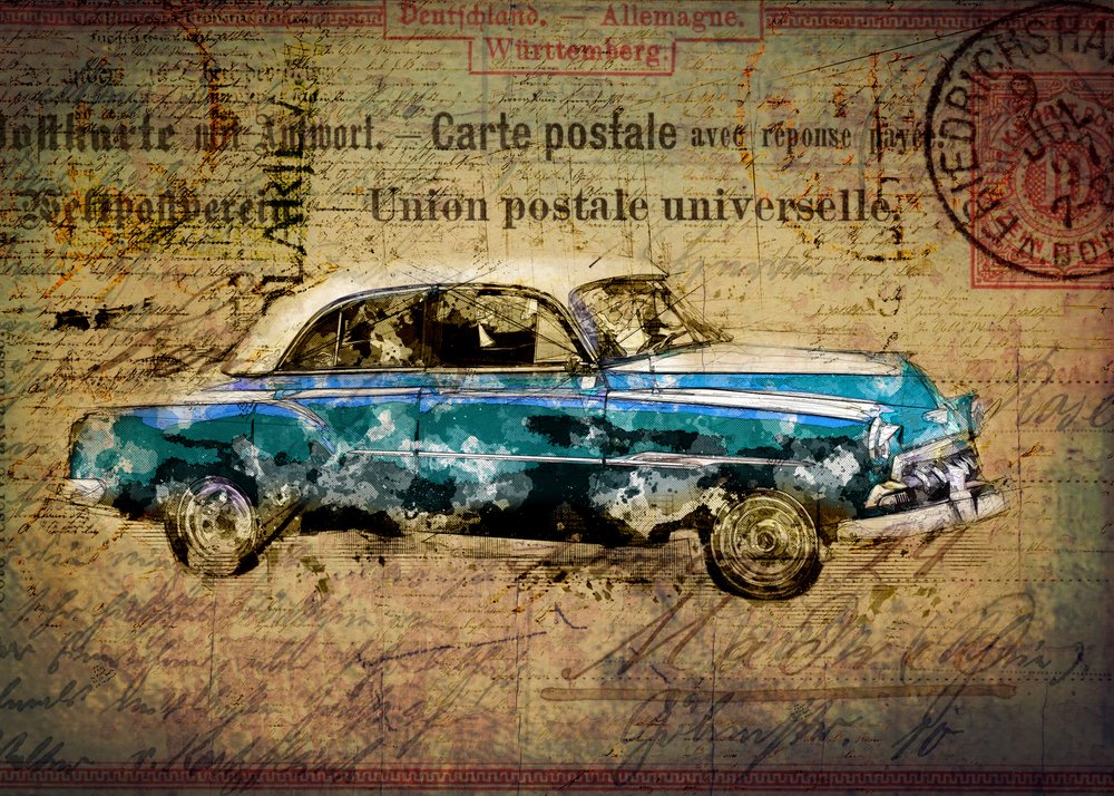 Cartão postal com carro azul retro de Lembayung senja studio [Vintage Poster]