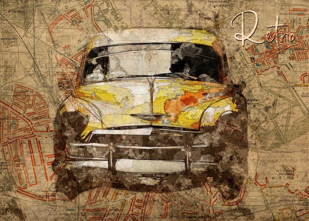 Mapa da cidade com carros antigos de Lembayung senja studio [Vintage Poster]