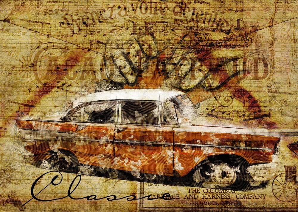 Carro clássico rústico de Lembayung senja studio [Vintage Poster]