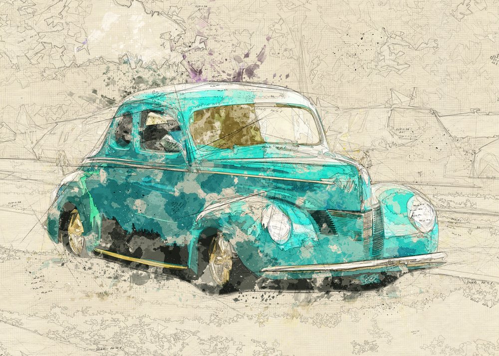 Hot Rod Clássico em azul-petróleo de Lembayung senja studio [Vintage Poster]
