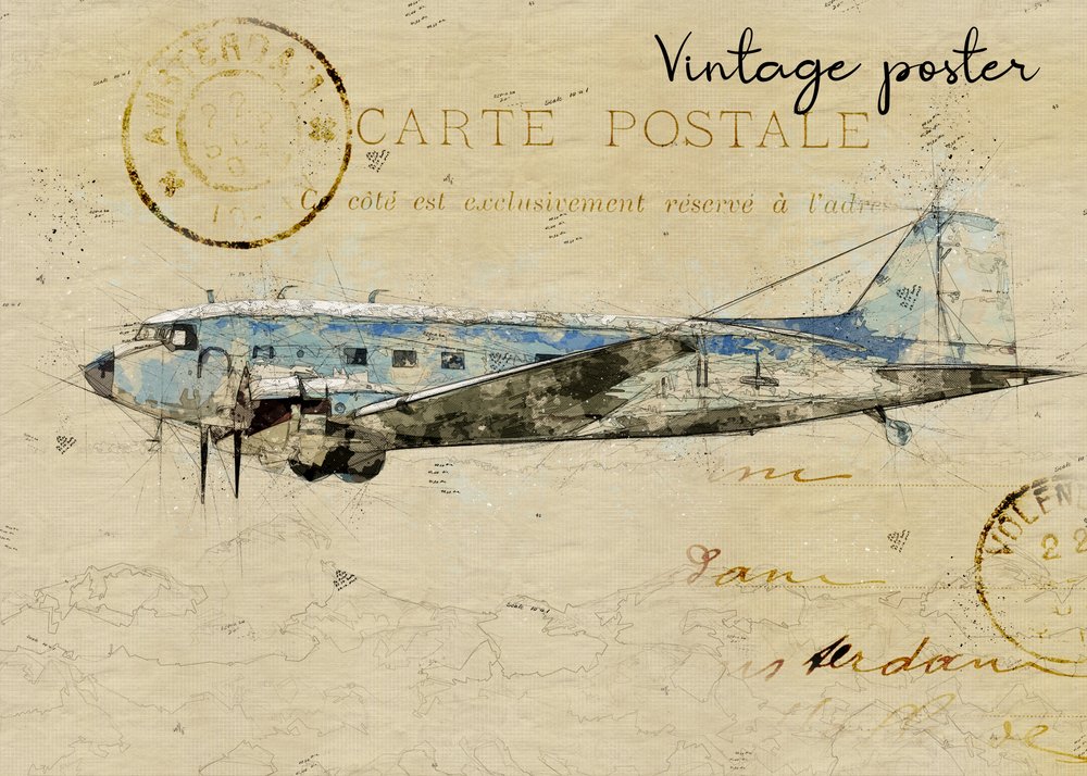 Cartão postal com avião antigo de Lembayung senja studio [Vintage Poster]