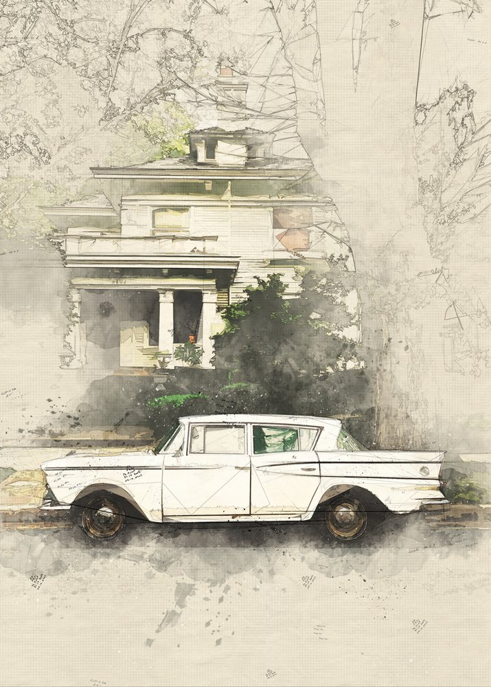 Esboço de um carro antigo e uma casa antiga de Lembayung senja studio [Vintage Poster]