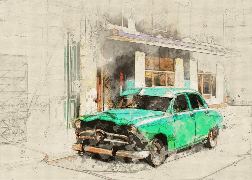 Esboço de um carro verde vintage de Lembayung senja studio [Vintage Poster]
