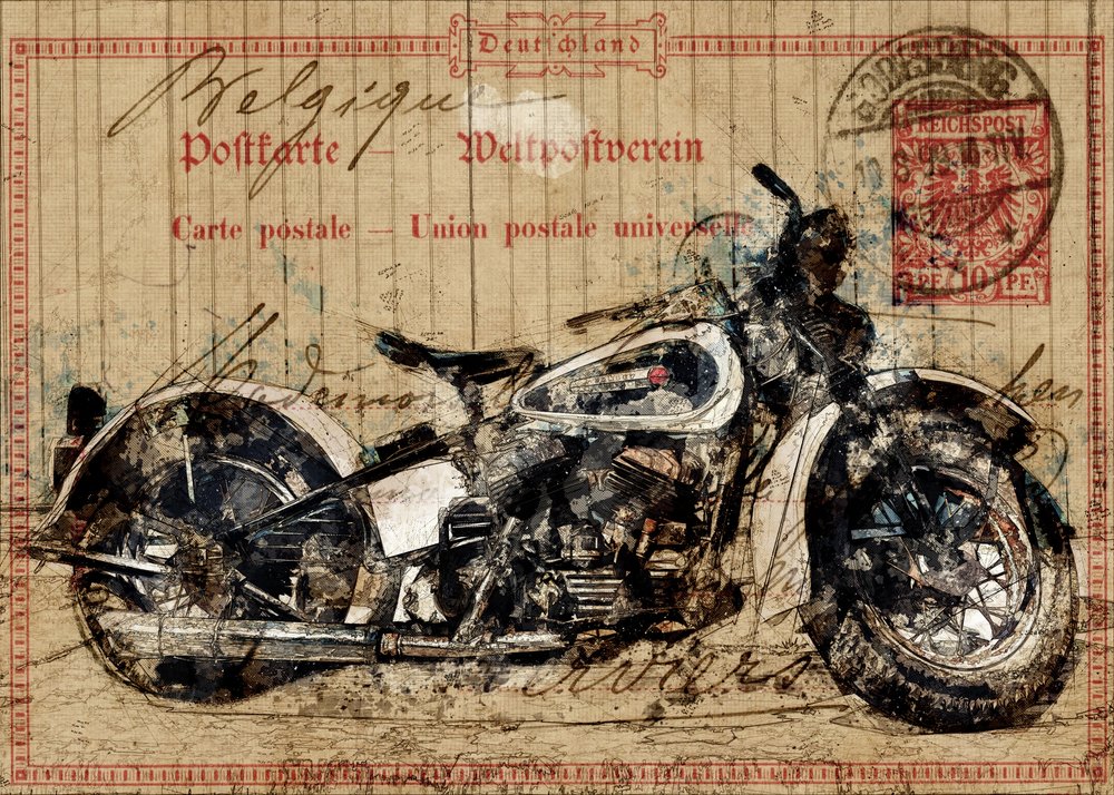Cartão postal de motocicleta vintage de Lembayung senja studio [Vintage Poster]