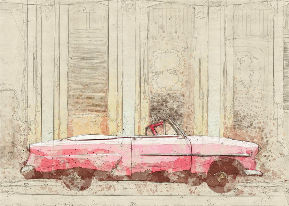 Esboço do descapotável rosa vintage de Lembayung senja studio [Vintage Poster]
