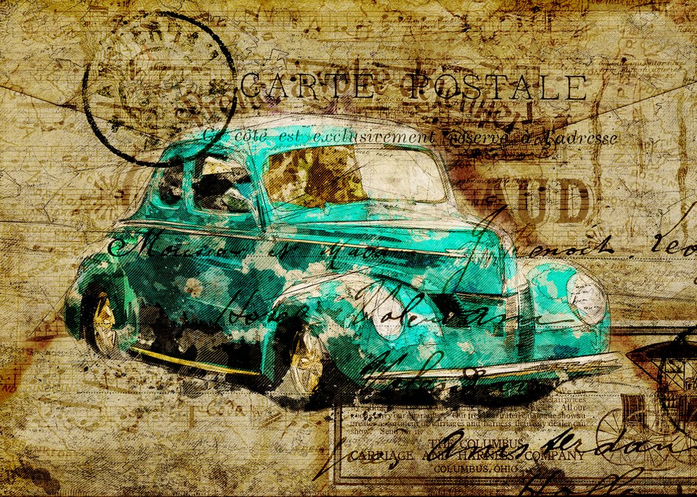 Cartão postal vintage com um carro azul-petróleo de Lembayung senja studio [Vintage Poster]