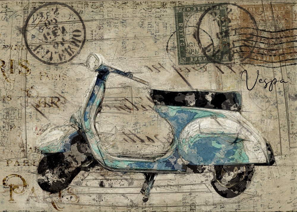 Cartão postal vintage da Vespa de Lembayung senja studio [Vintage Poster]