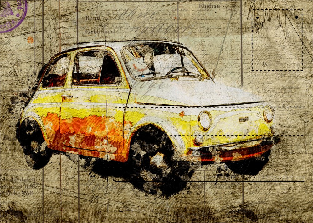 Fiat 500 amarelo vintage de Lembayung senja studio [Vintage Poster]