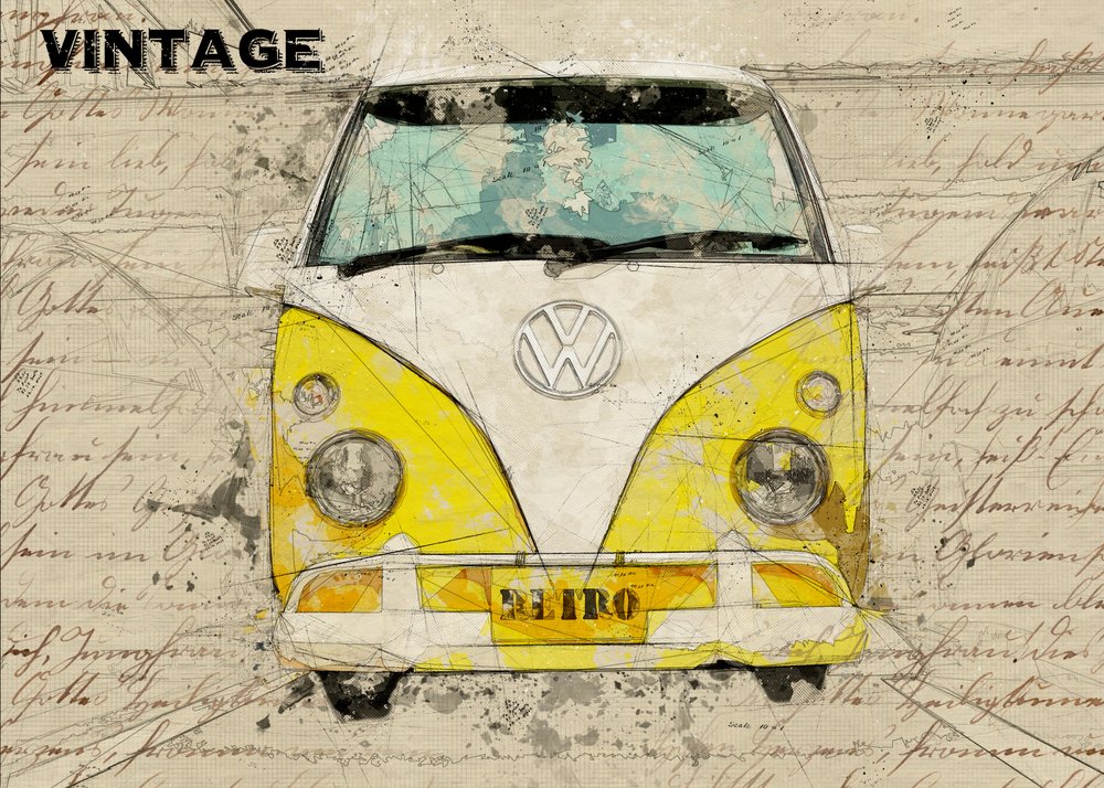 Esboço de uma carrinha amarela vintage de Lembayung senja studio [Vintage Poster]