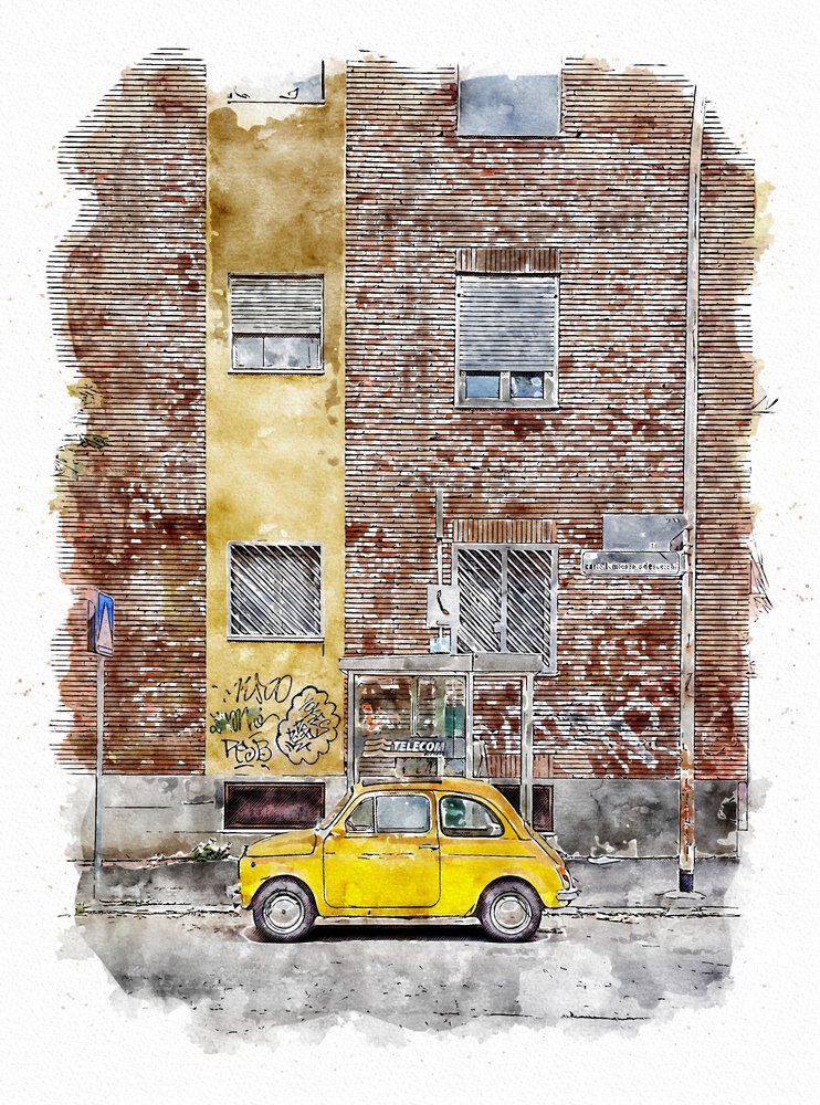 Carro de rua clássico amarelo de Lembayung senja studio [Vintage Poster]