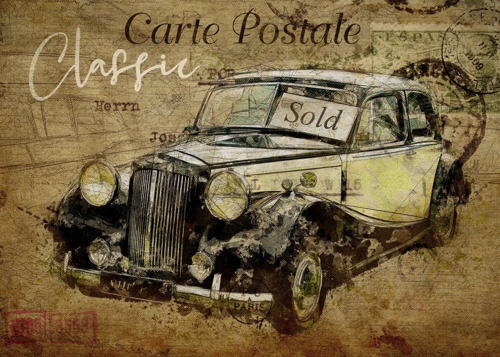 cartão postal com carros antigos de Lembayung senja studio [Vintage Poster]