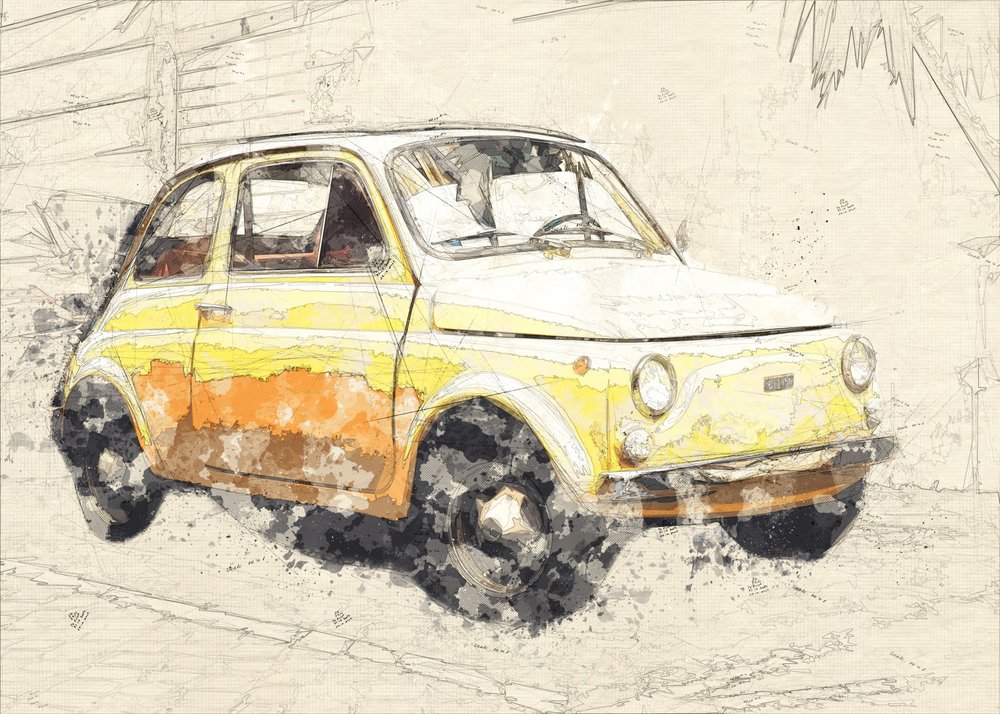 carro velho amarelo de Lembayung senja studio [Vintage Poster]