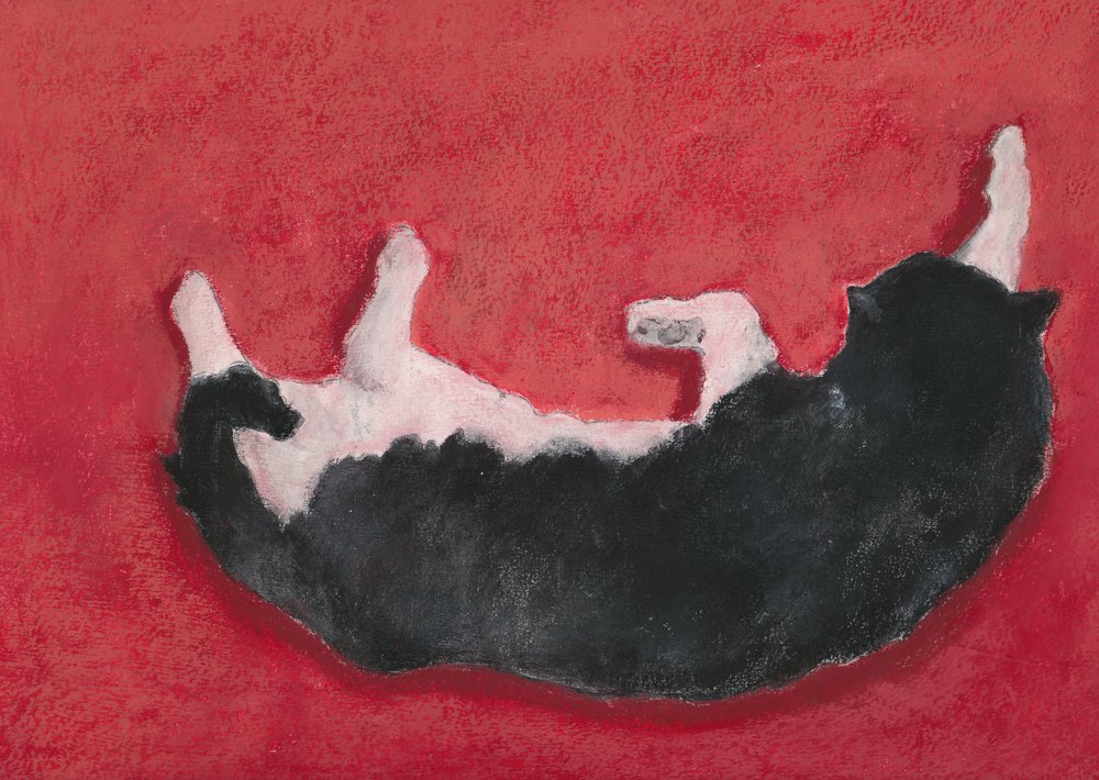 Cão feliz sobre fundo vermelho de Lena Ru