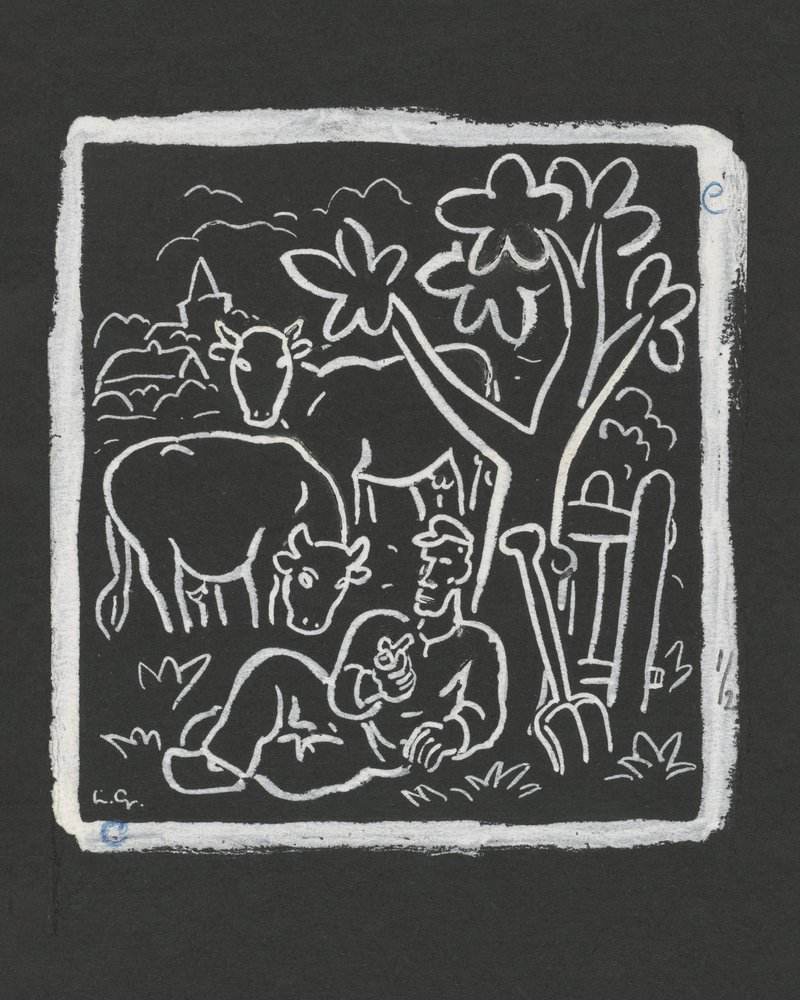 Agricultor a descansar debaixo de uma árvore num prado com vacas (1891–1941) de Leo Gestel