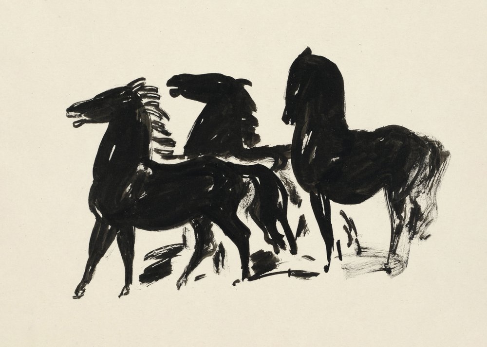 Três Cavalos Pretos em Pé a Olhar para a Esquerda (1935–1936) Desenho em Alta Resolução de Leo Gestel de Leo Gestel