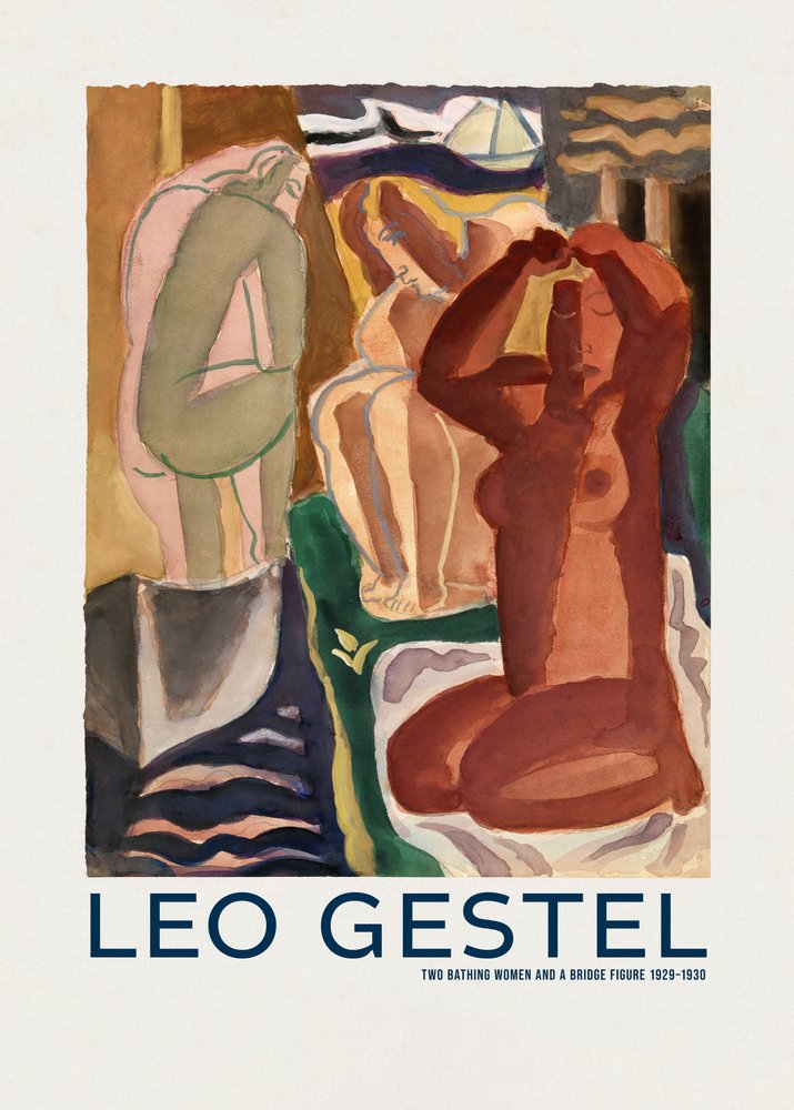 Duas mulheres a tomar banho e uma figura na ponte de Leo Gestel