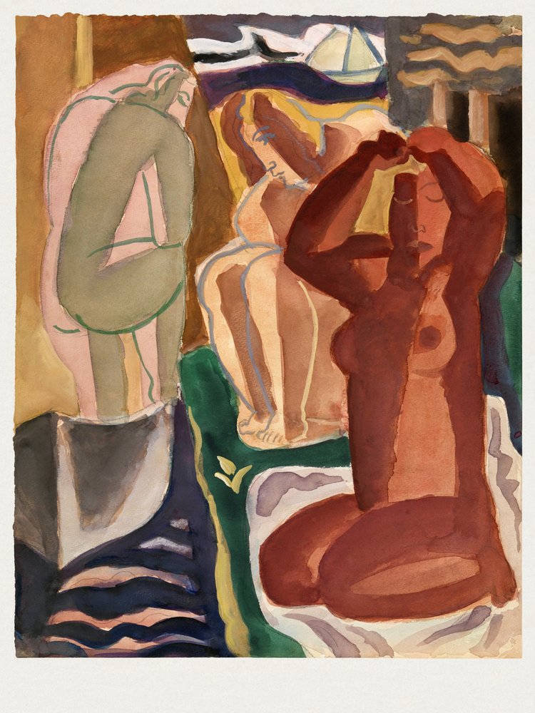 Duas mulheres a banhar-se e uma figura numa ponte  - Leo Gestel 60 x 80 cm, com borda branca de Leo Gestel