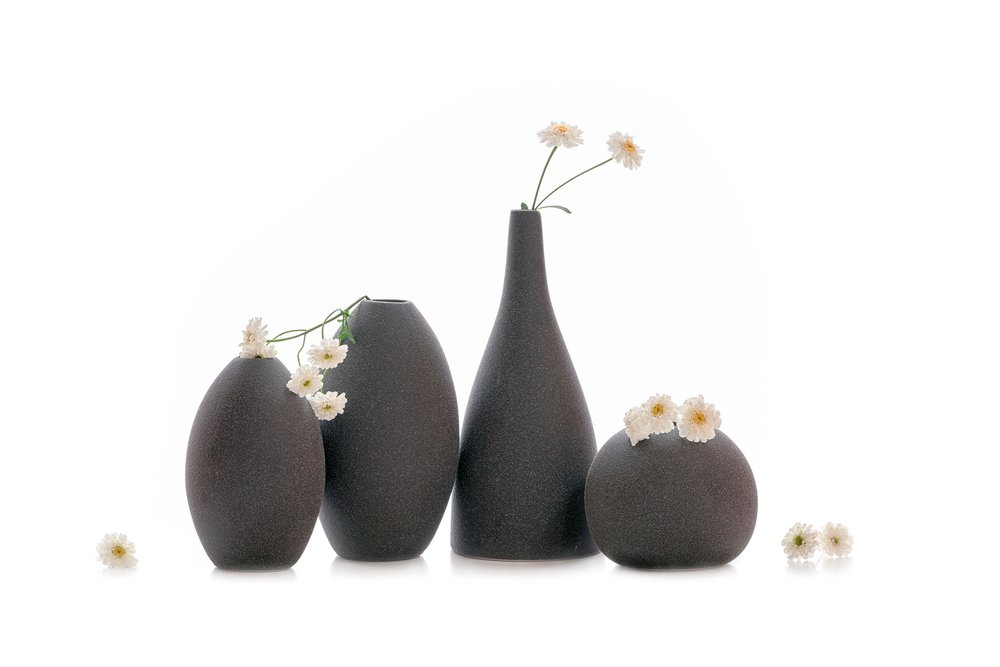 Vasos escuros, flores brancas de Lydia Jacobs