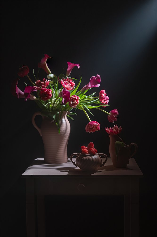 Natureza morta com flores cor-de-rosa dramáticas de Lydia Jacobs