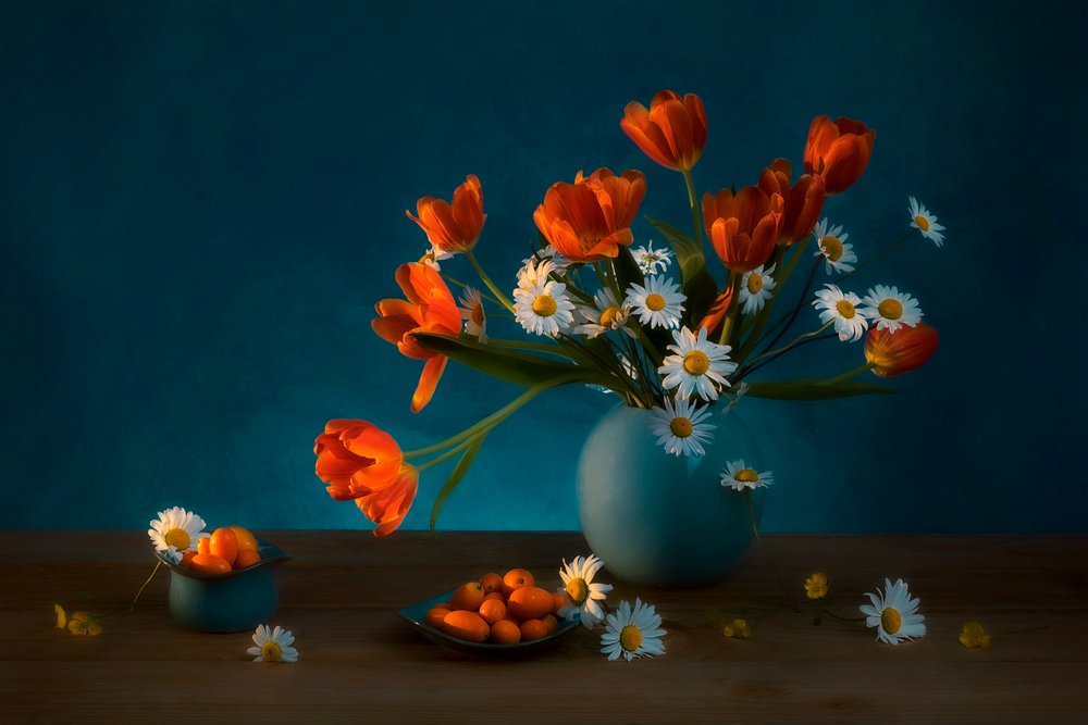 Natureza morta com tulipas melancólicas e margaridas de Lydia Jacobs